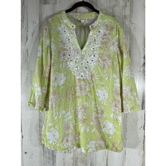 Charter Club Luxury Linen Chartreuse Floral Tunic Size Medium Embroidered Beaded - Picture 1 of 8
